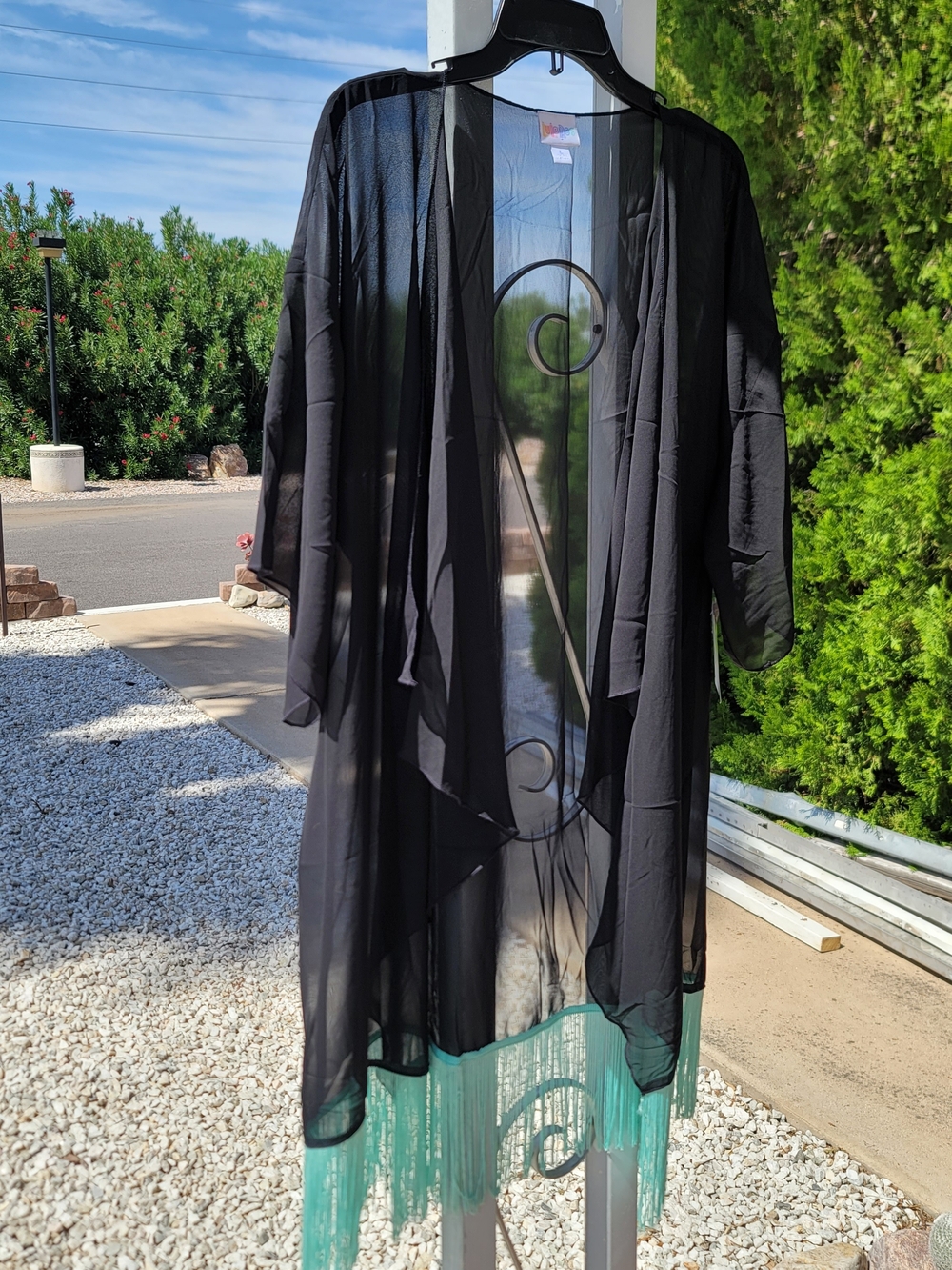 LuLaRoe Black Sheer Kimono with Turquoise Fringe Large NWT